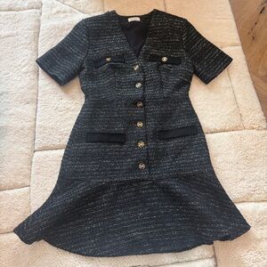 Sandro Black Tweed Midi Dress with Gold Buttons - Designer Style